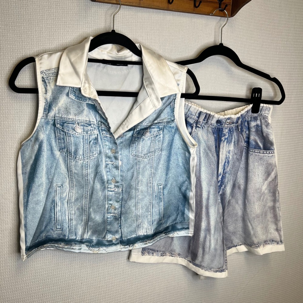 Zara Trompe Loeil Denim Print 2 Piece Set Blue White Vest Shorts Womens M/S